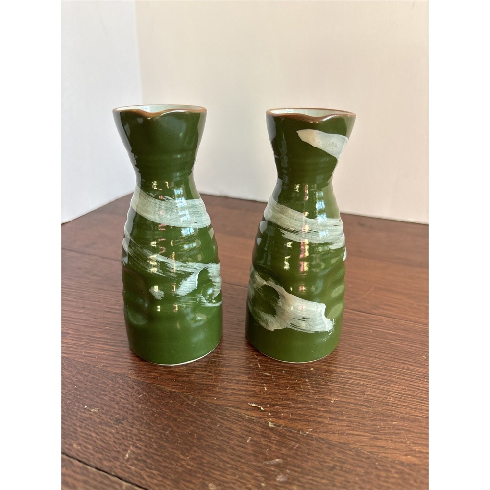 Pair Of Green And White Ceramic Sake Bottles Pier 1 Made In Japan